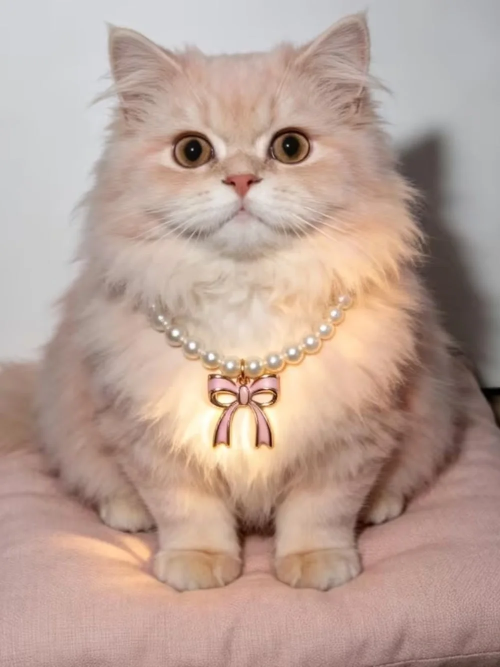 Pearl Beaded Cat Collar Pink Bow Charm Stretch Small 9.84in